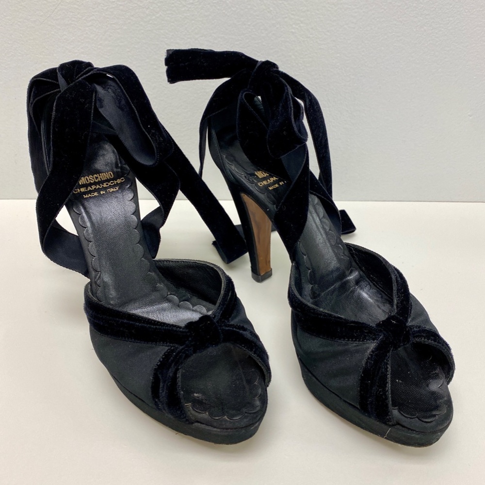Moschino Lace-Up Velvet Peep Toe Heels
